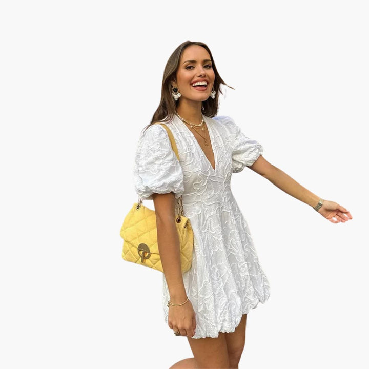 Women’s Round Neck Mini Dress with Puff Sleeves