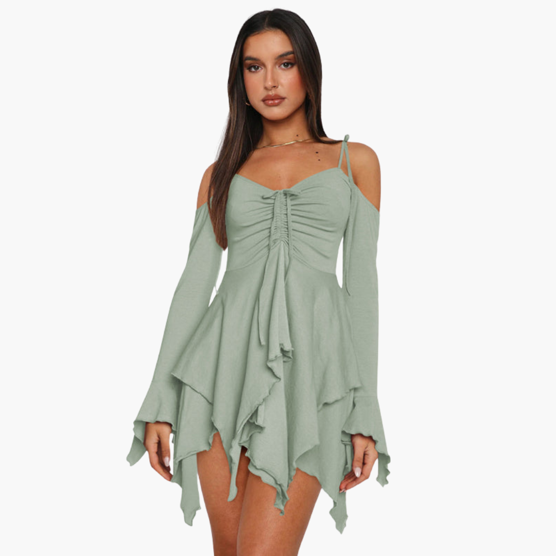 Women’s Mini Dress with Off-the-Shoulder Neckline and Layered Design