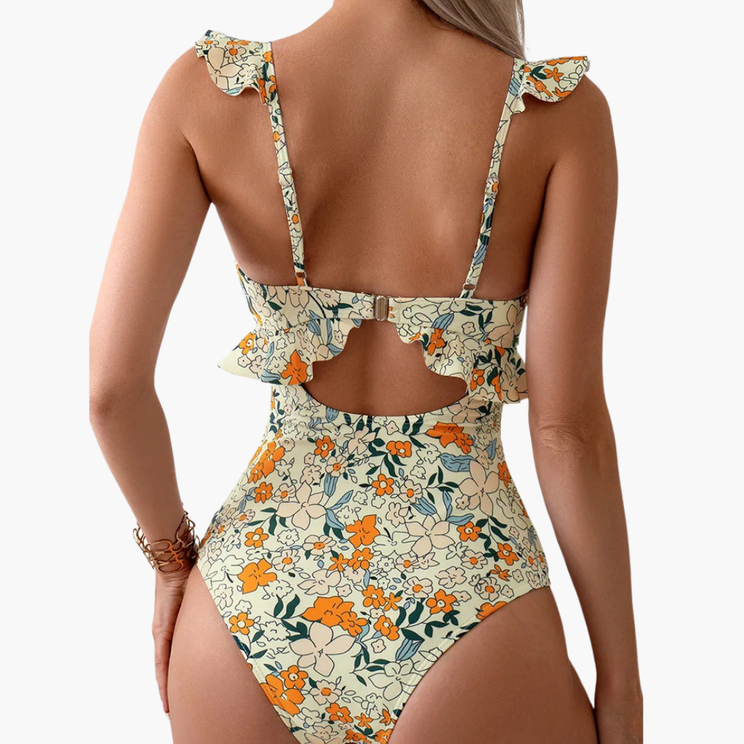 Women’s One - Piece Swimsuit with Floral Pattern and Ruffle Detailing