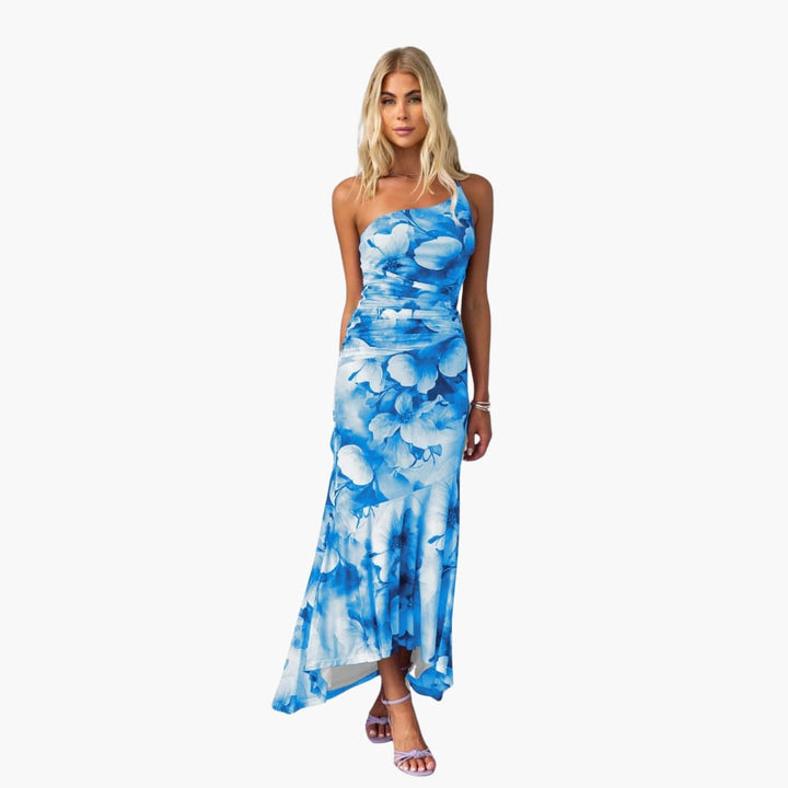Women’s Midi Dress with Floral Print and Asymmetrical Hem