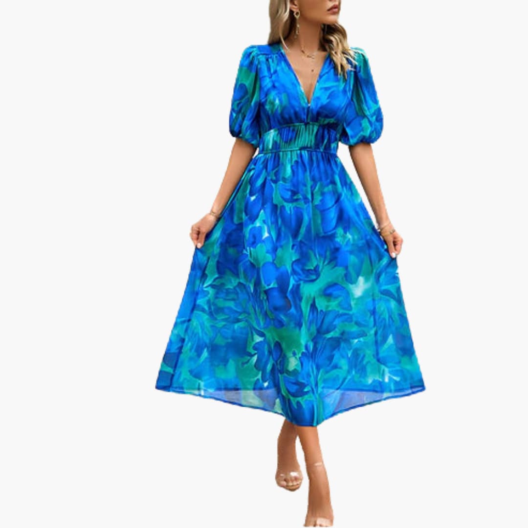 Women’s Midi Dress with Lantern Sleeves and Flared Skirt