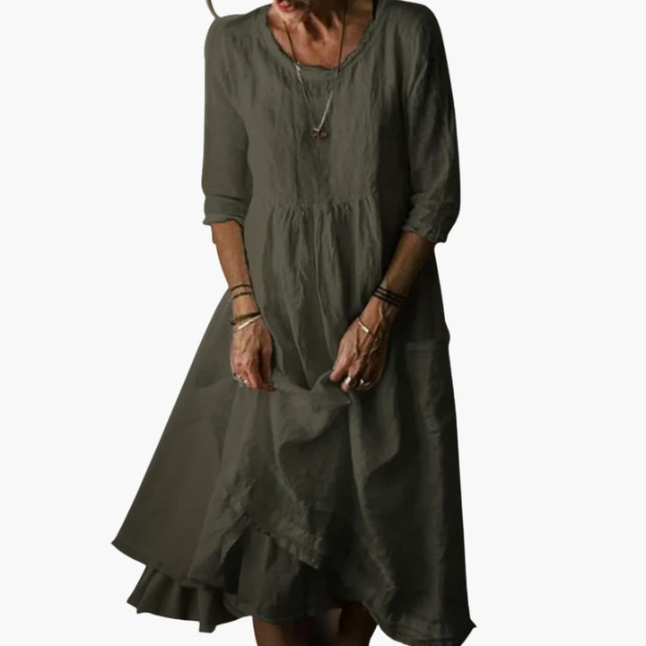 Women’s Midi Dress with Pleated Bodice and Asymmetrical Hemline