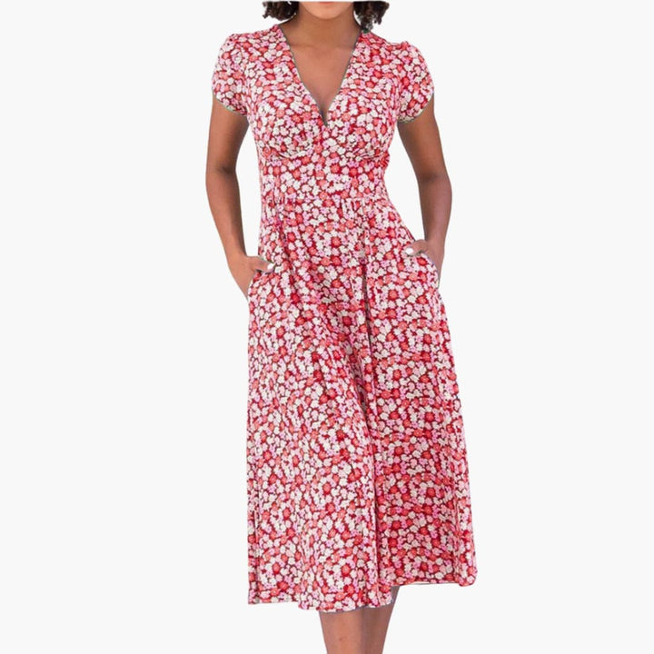 Women’s Midi Dress with Button-Front and Side Pockets