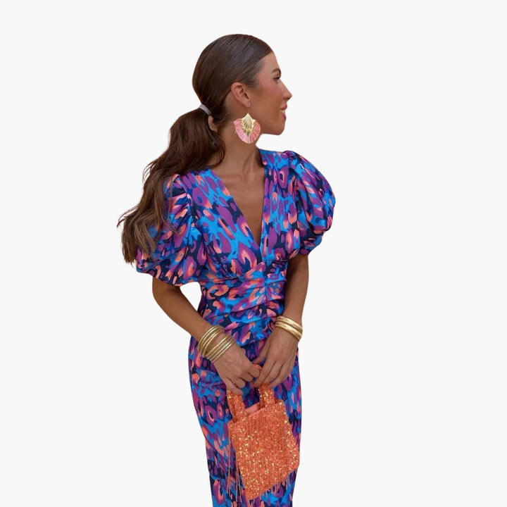 Women’s Midi Dress with Puff Sleeves and Ruched Waist