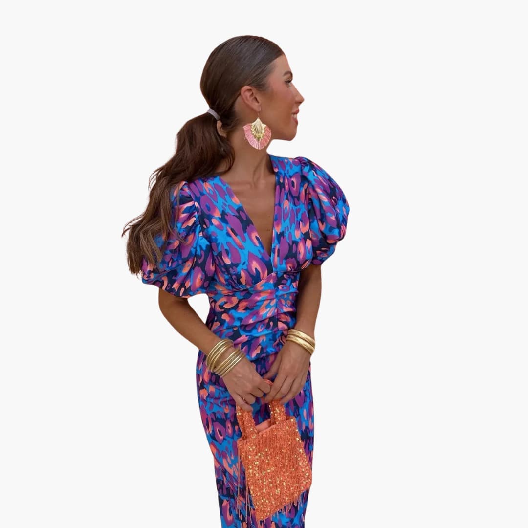 Women’s Midi Dress with Puff Sleeves and Ruched Waist