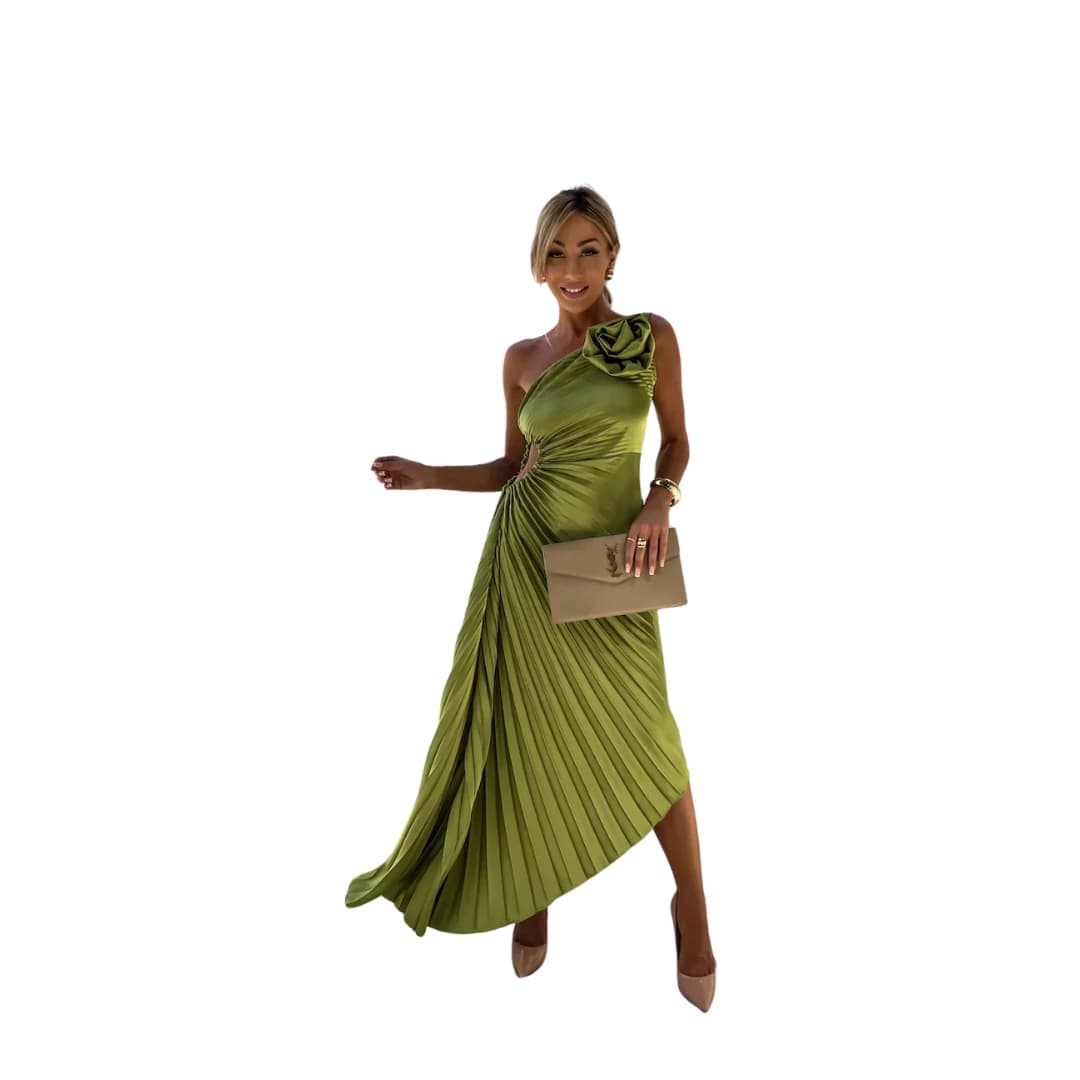 Women’s Midi Dress with Pleated Skirt and Floral Detail
