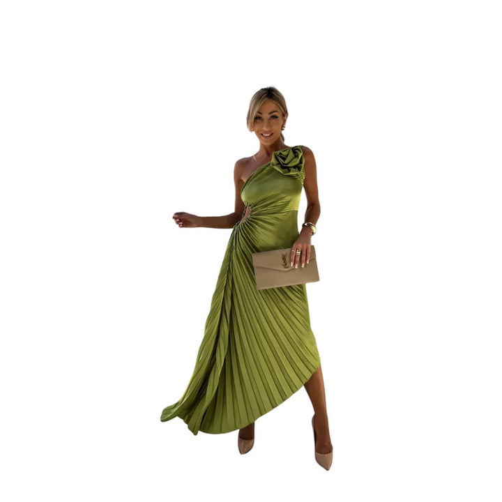 Women’s Midi Dress with Pleated Skirt and Floral Detail