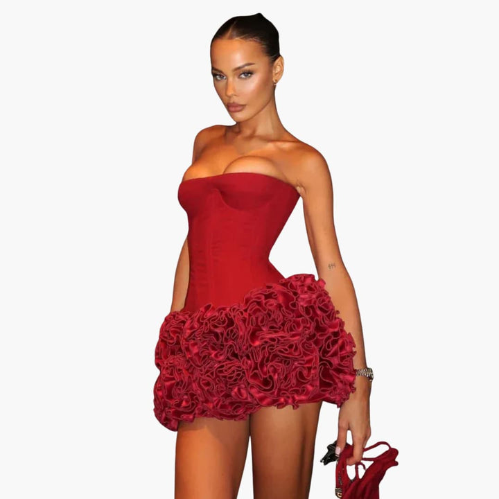 Women’s mini dress with strapless corset bodice and ruffled skirt