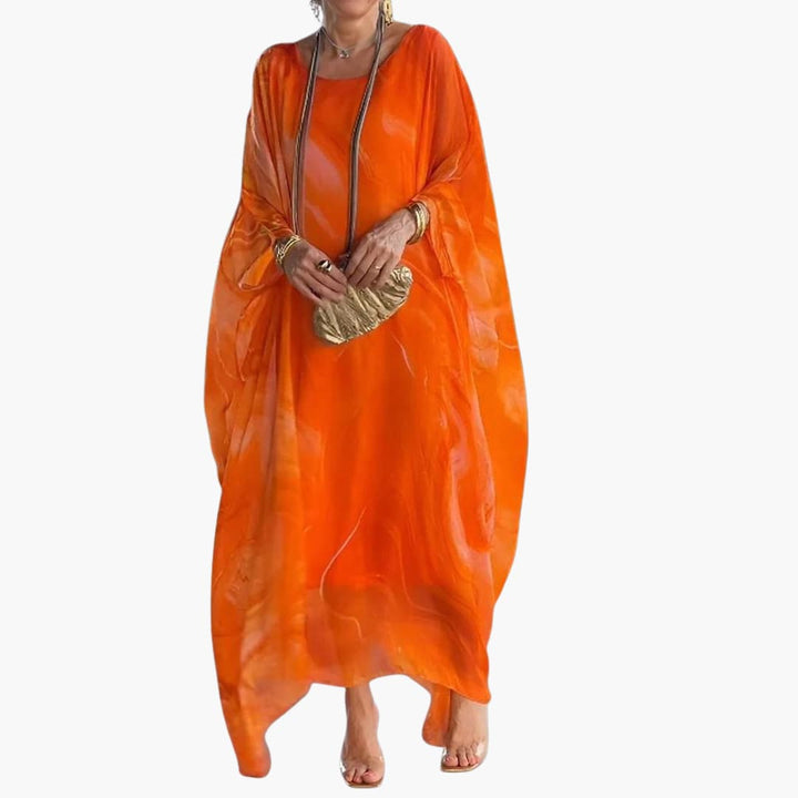Women’s Maxi Dress with Batwing Sleeves and Round Neckline