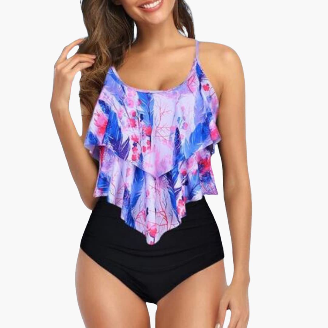 Women’s Tankini Set with Ruffle Top and High - Waisted Bottoms