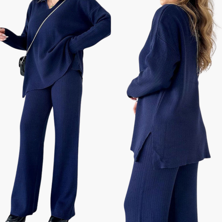 Women’s V-Neck Two-Piece Set with Wide-Leg Pants