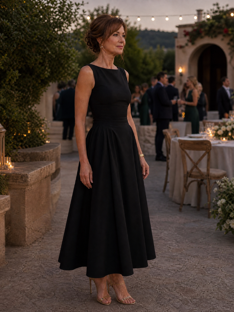 Corane | Sleeveless Crew Neck Fitted Bodice Midi Dress