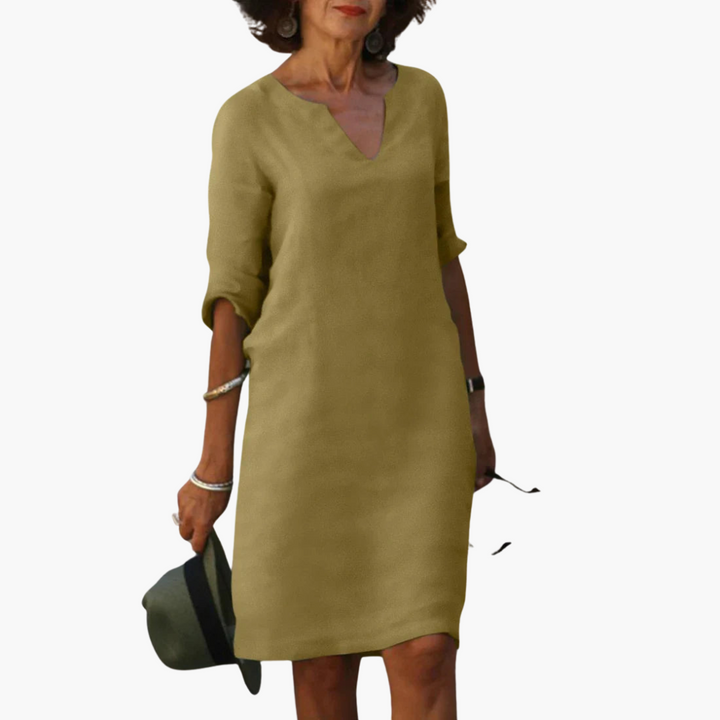 Women’s V-Neck Mini Dress with 3/4 Sleeves and Tapered Waist