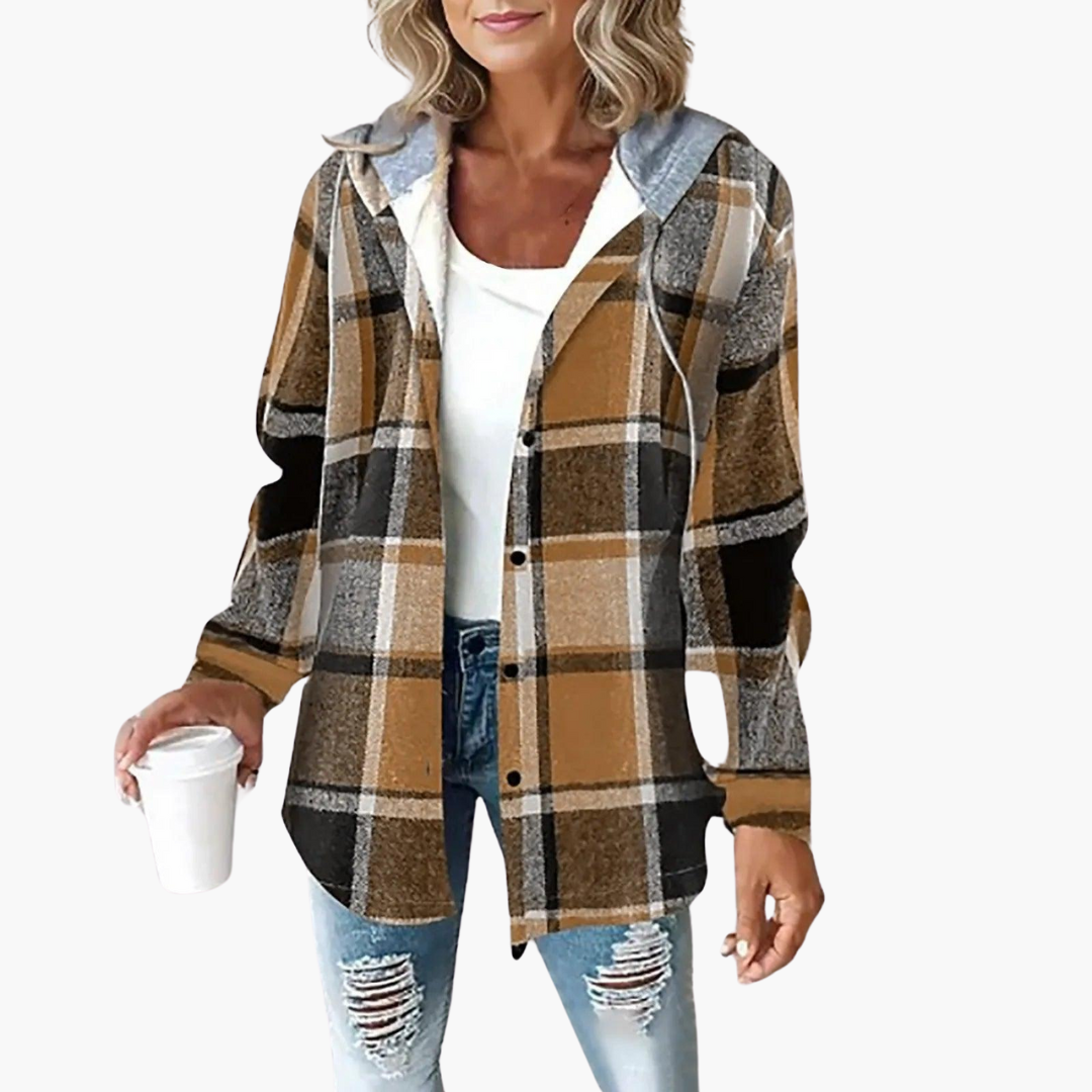 Women’s Plaid Flannel Shacket with Hood and Button-Up Front