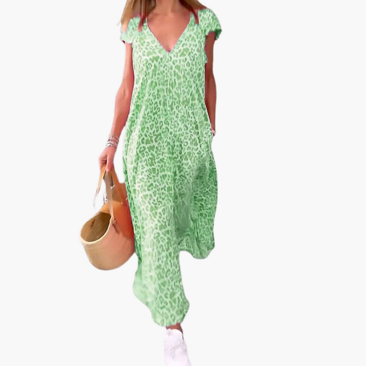 Women’s Midi Dress with V-Neck and Leopard Print