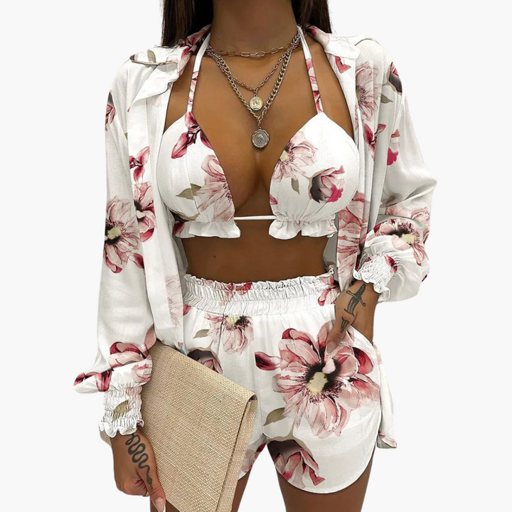 Women’s Beach Set with Ruffled Bikini Top, High-Waisted Shorts, and Cover-Up