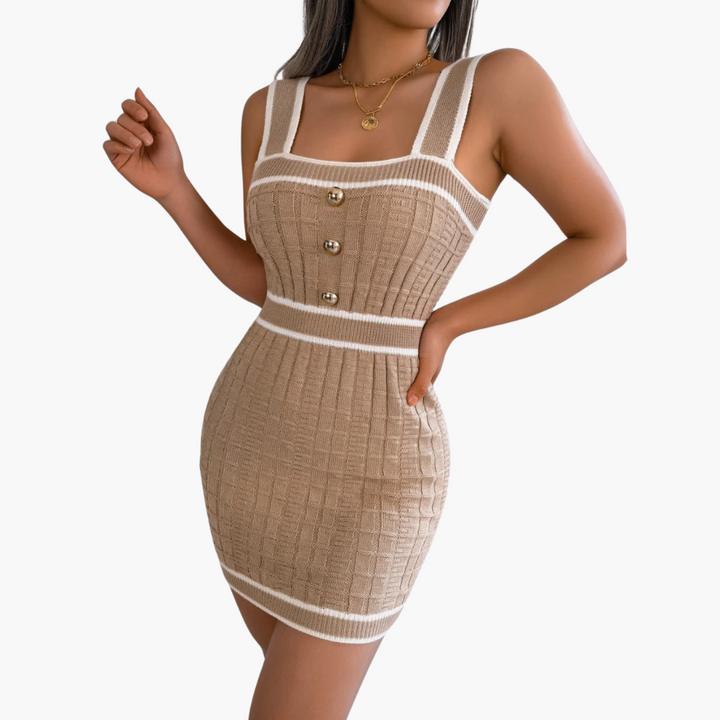 Women’s Bodycon Dress with Square Neck and Checkered Pattern