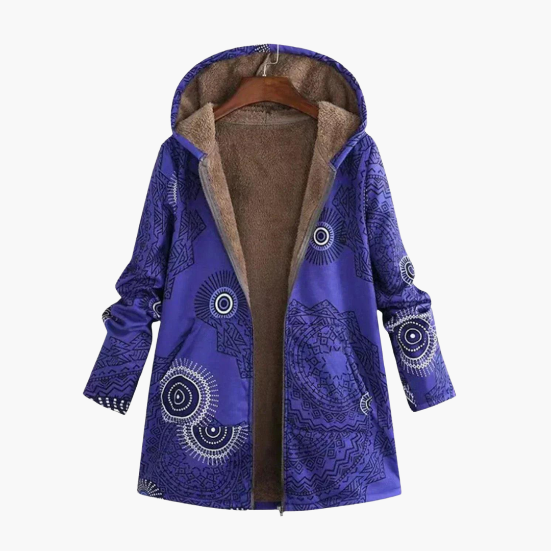Women’s Hooded Parka Jacket with Sherpa Lining and Geometric Pattern