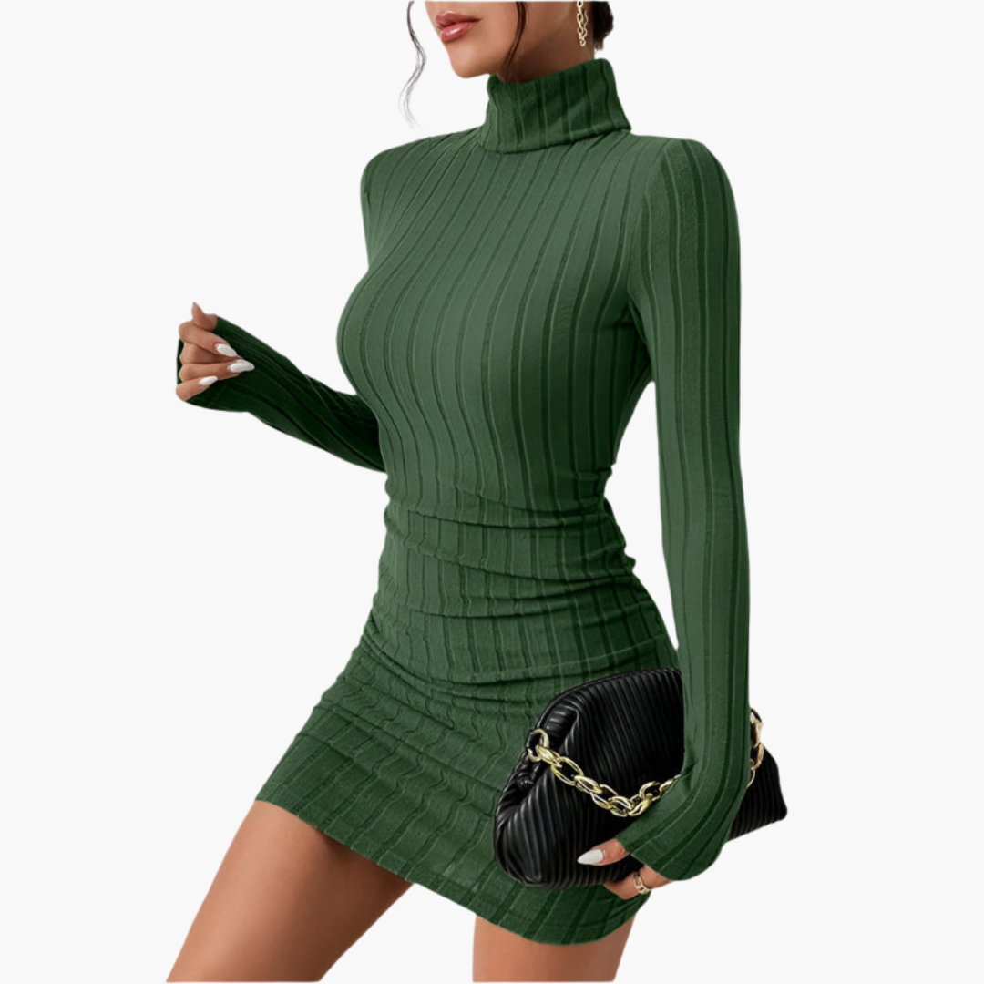 Women’s Turtleneck Dress with Ribbed Texture and Long Sleeves