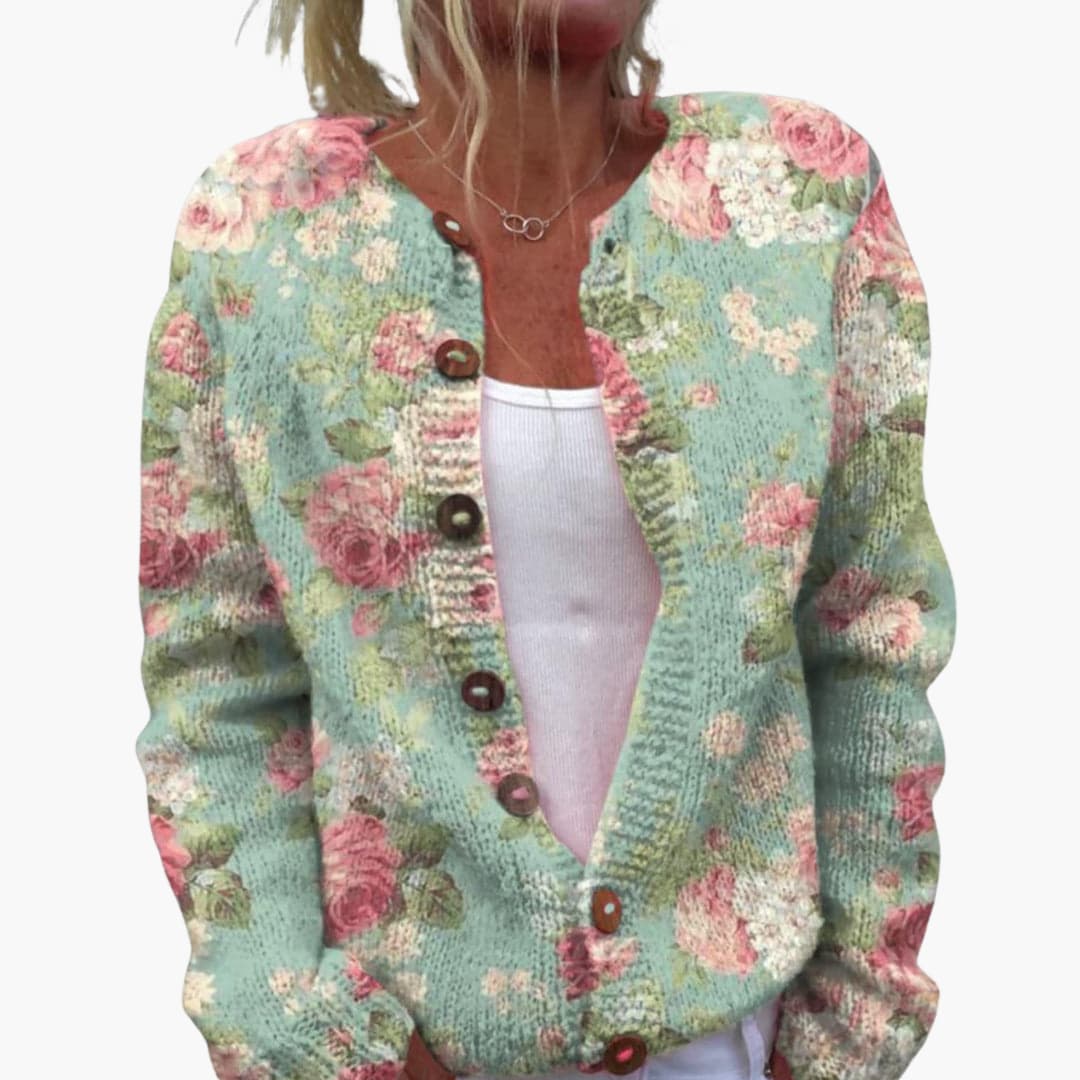 Women’s Floral Cardigan with Long Sleeves and Ribbed Hem