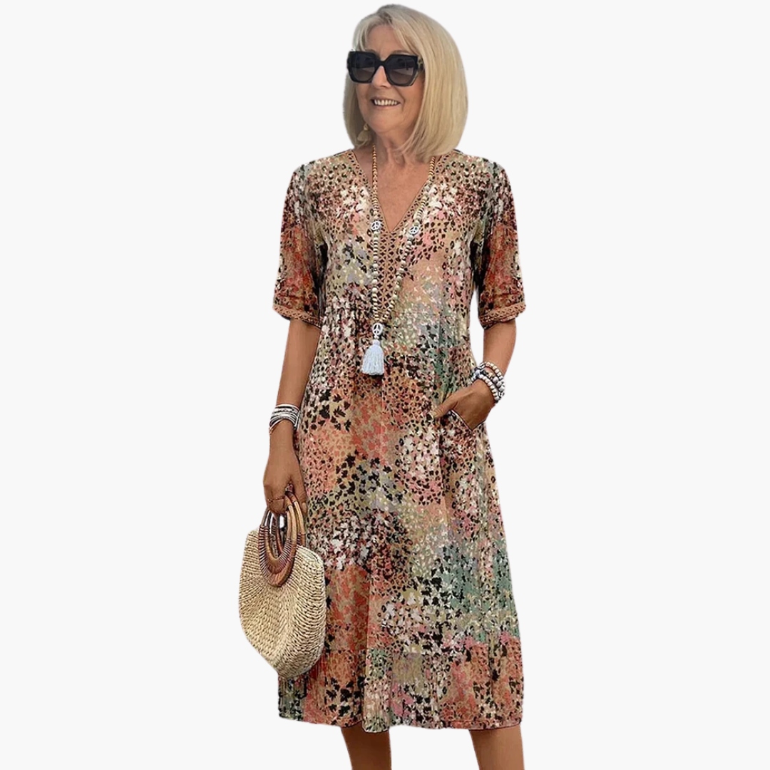 Women’s Midi Dress with V-Neck and Floral Print