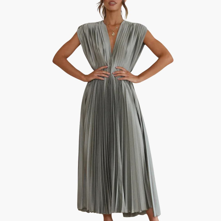 Women’s Midi Dress with Pleated Design and Cap Sleeves