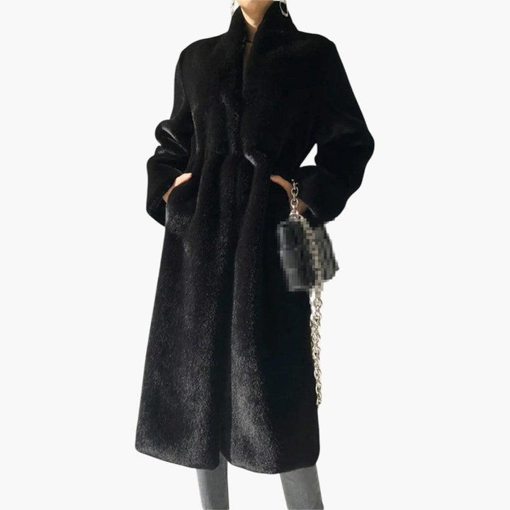 Women’s Full-Length Coat with Concealed Buttons and Faux Fur