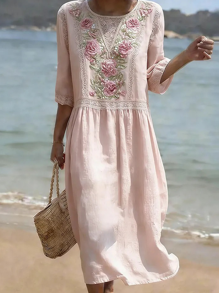 Alix | Embroidered Panel Long Sleeve Midi Dress