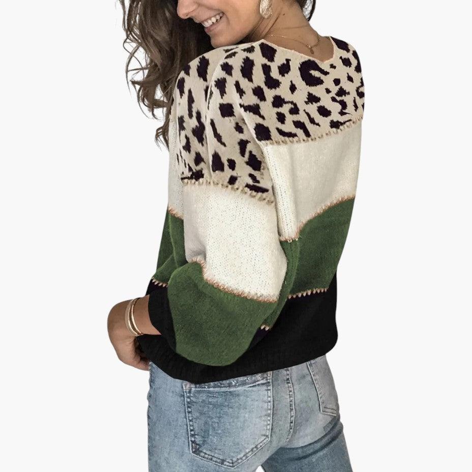 Women’s Knit Sweater with Leopard Print and Long Sleeves