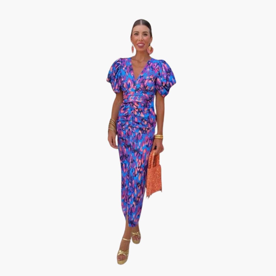 Women’s Midi Dress with Puff Sleeves and Ruched Waist