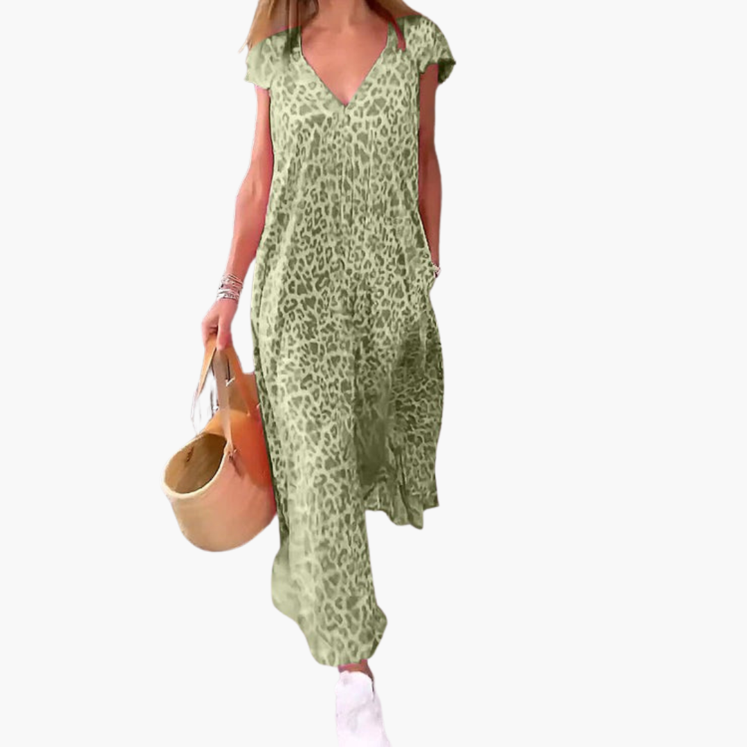 Women’s Midi Dress with V-Neck and Leopard Print
