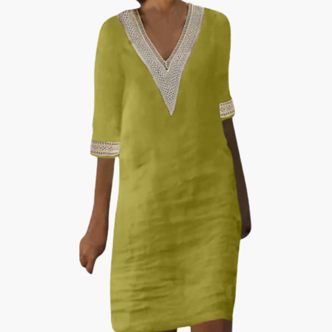 Women’s day dress with V-neckline and three-quarter-length sleeves