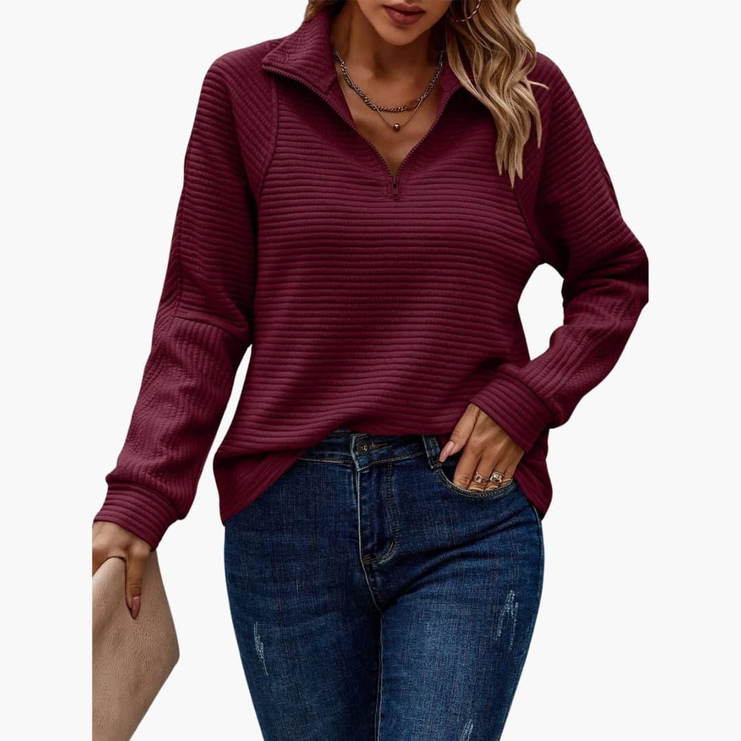 Women’s Sweater with Quarter-Zip Neckline and Ribbed Knit Texture
