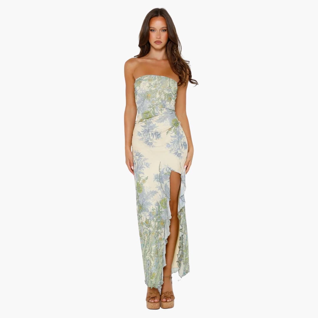Women’s strapless maxi dress with high slit and floral print