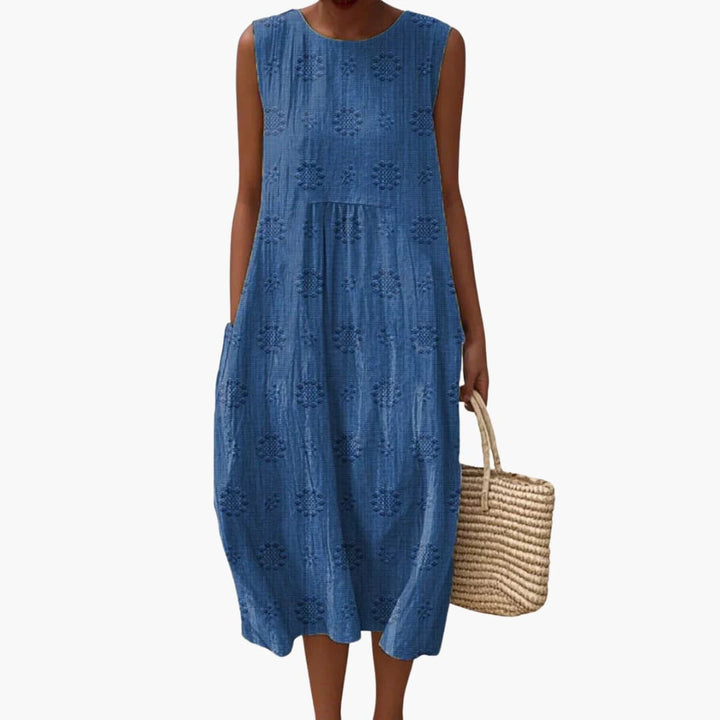 Women’s Sleeveless Midi Dress with Floral Pattern and Side Pockets
