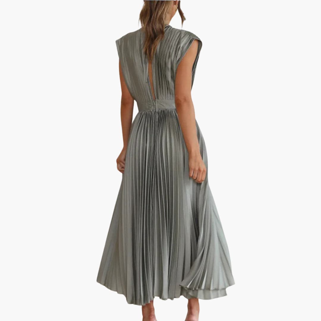 Women’s Midi Dress with Pleated Design and Cap Sleeves