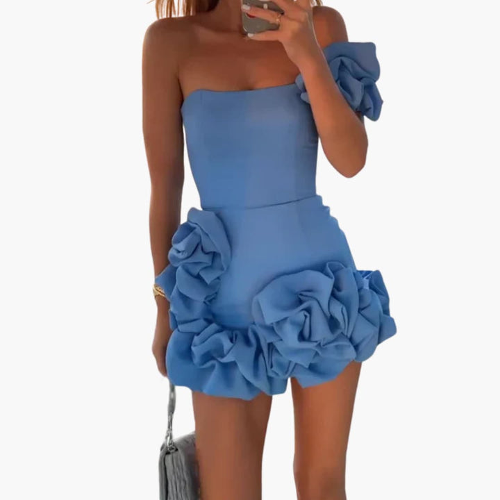Women’s mini dress with one-shoulder design and ruffle hem