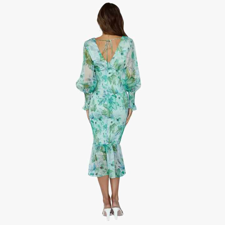 Women’s Midi Dress with V-Neck and Puff Sleeves