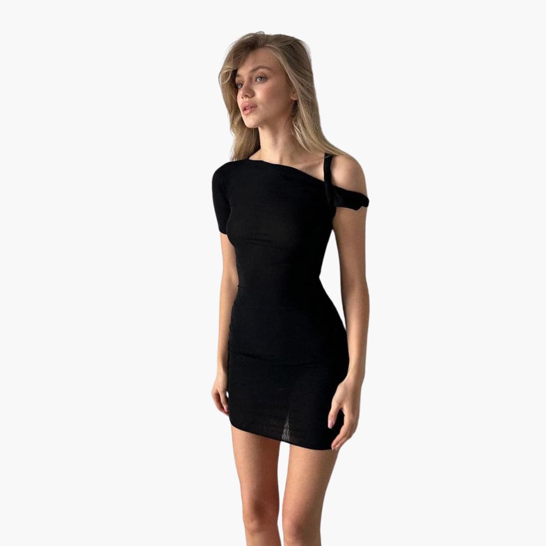 Women’s Mini Dress with Asymmetrical Neckline and Single Short Sleeve
