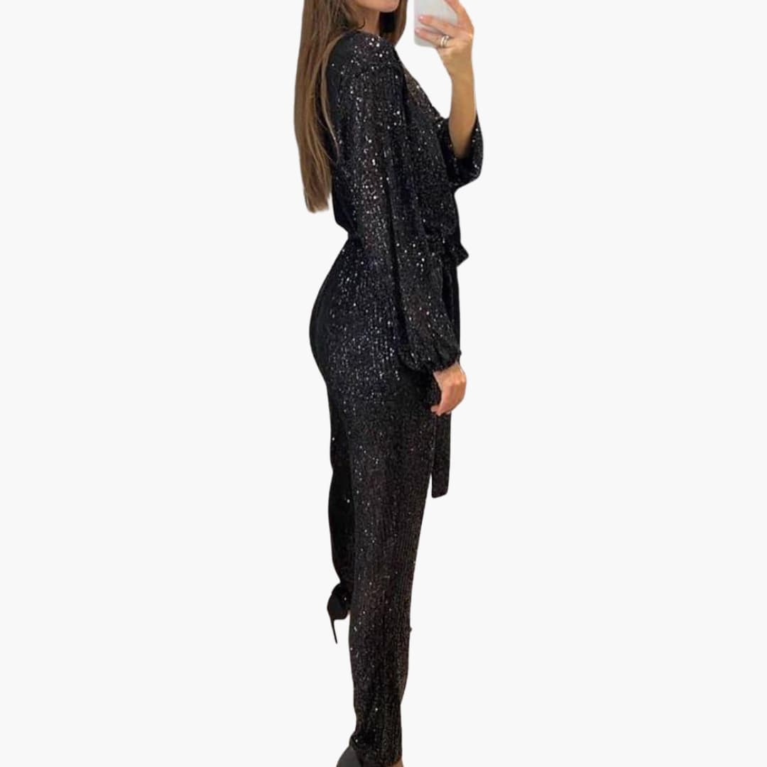Women’s Sequin Jumpsuit with Long Sleeves and Tie Waist
