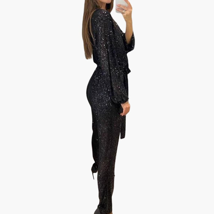 Women’s Sequin Jumpsuit with Long Sleeves and Tie Waist