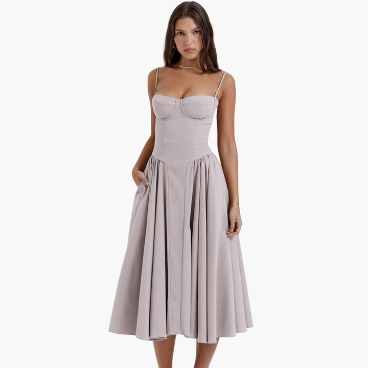 Women’s Midi Dress with Square Neck and Pleated Skirt