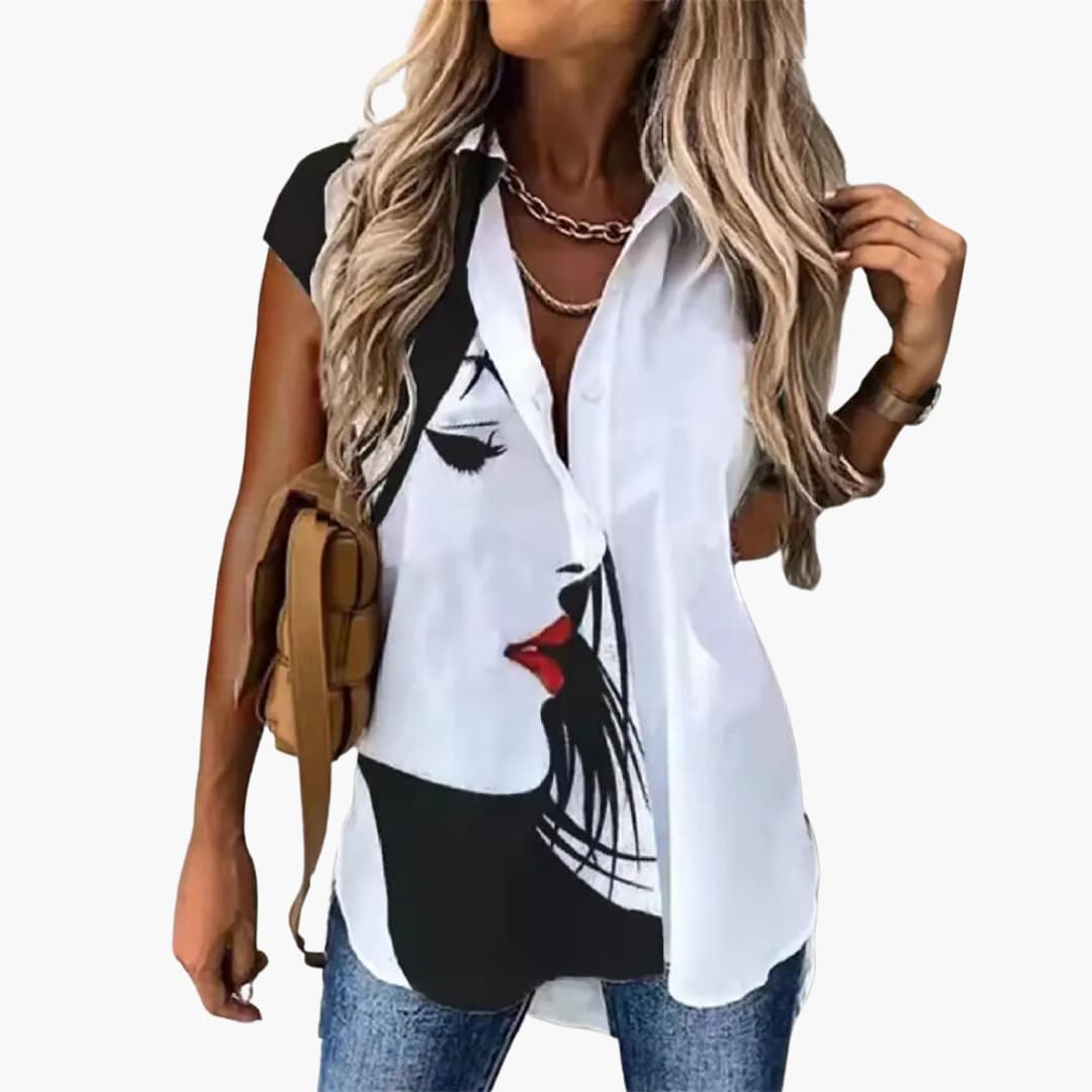 Women’s Sleeveless Blouse with Collar and Button Fastening