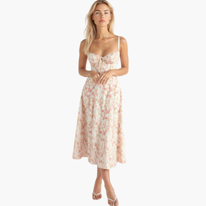 Women’s Midi Dress with Waist Tie and Lace-Up Bodice