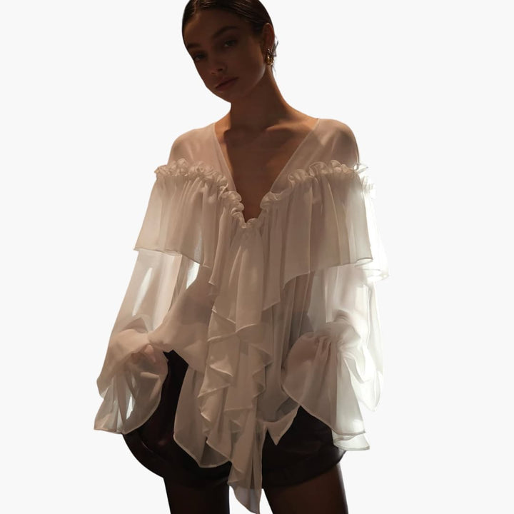 Women’s Long-Sleeve Blouse with V-Neck and Ruffles