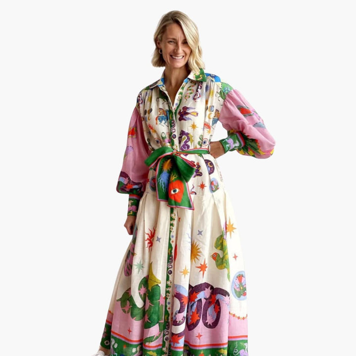Women’s maxi shirt dress with button fastening and waist tie