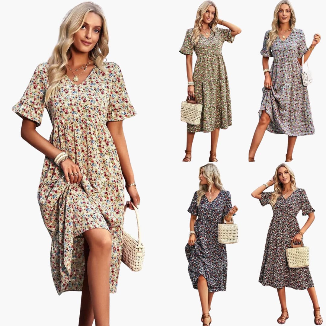 Women’s Midi Dress with V-Neckline and Floral Print