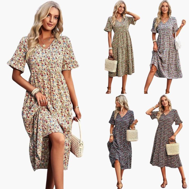 Women’s Midi Dress with V-Neckline and Floral Print