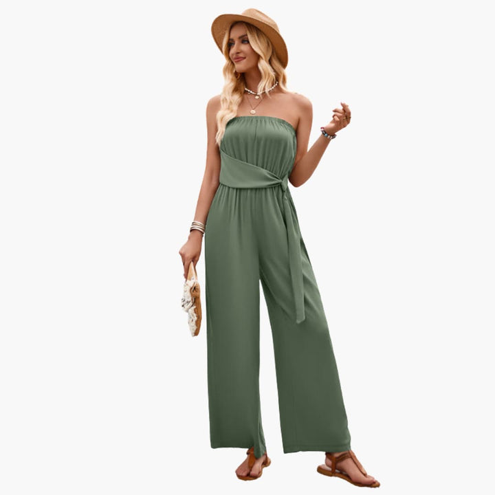 Women’s Strapless Jumpsuit with Waist Tie and Wide Legs