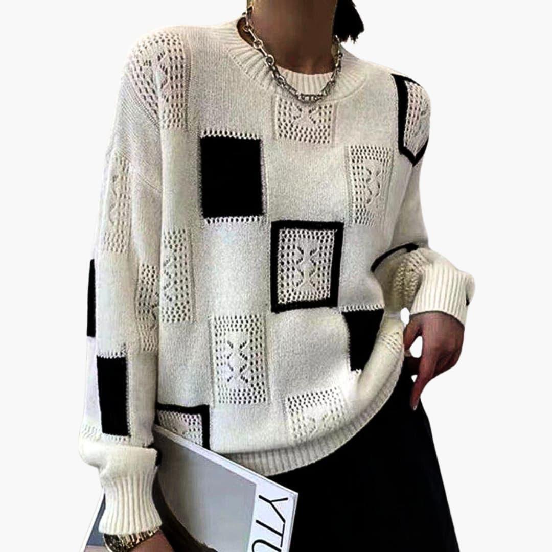 Women’s Patchwork Knit Sweater with Long Sleeves and Pullover Style